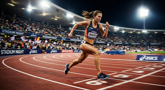 A professional action shot of a runner wearing the ASICS Hypersync in a floodlit stadium with motion blur.