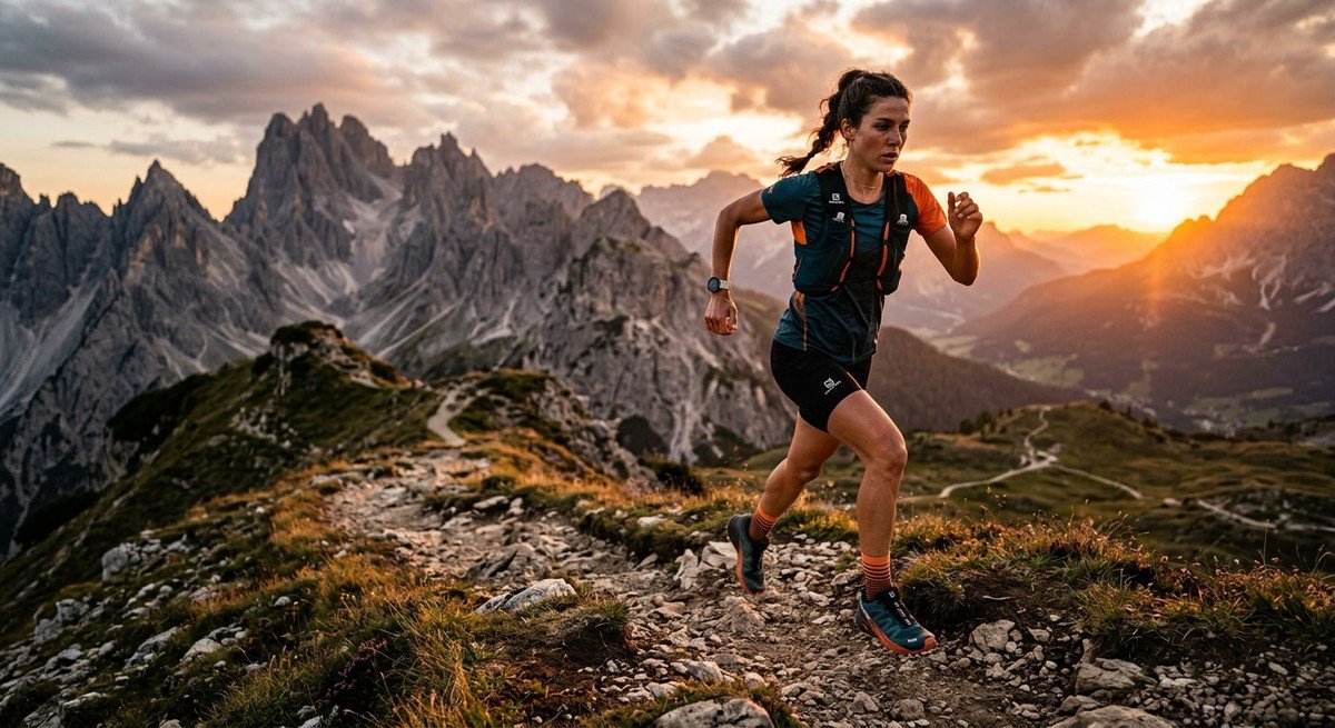 A trail runner in motion, captured with a high-speed camera, showing intense focus and athletic form on a rugged mountain path under dramatic sunset lighting.