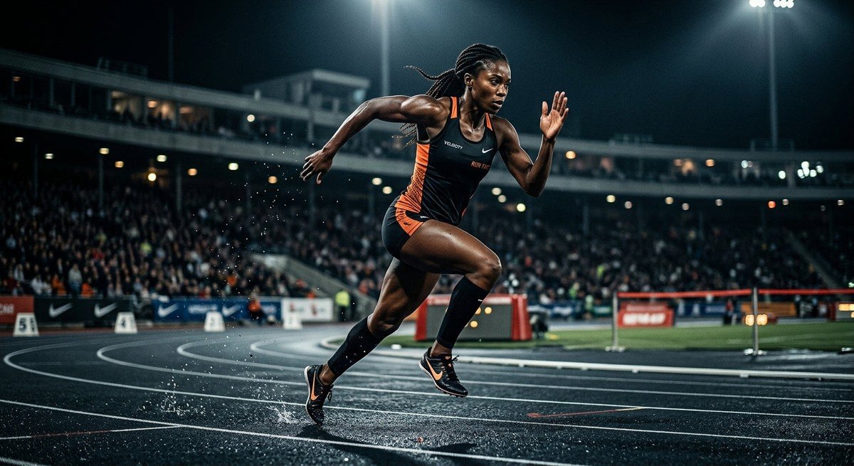 A professional runner captured in high-speed motion against a moody, dark stadium background with dramatic lighting and intense focus.