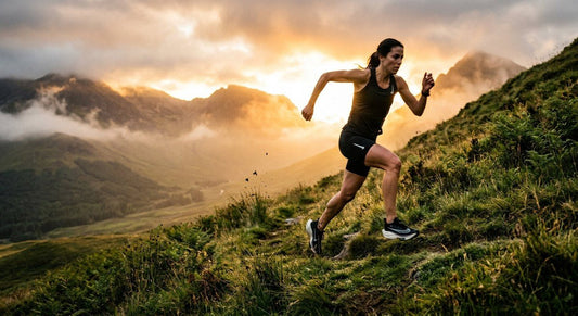 A professional athlete sprinting up a steep grassy hill at dawn with dramatic backlighting and motion blur.