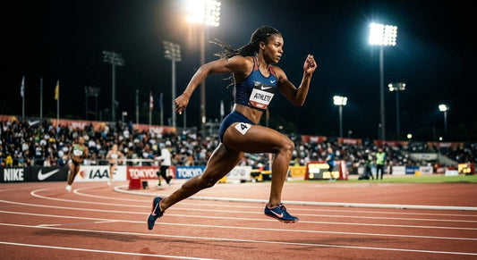 A professional athlete in mid-stride during a sprint, captured with high-speed photography and cinematic stadium lighting.