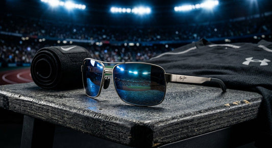 A close-up of a sleek, titanium-framed pair of Maui Jim Hiluhilu sunglasses resting on a dark, textured surface with dramatic stadium lighting.