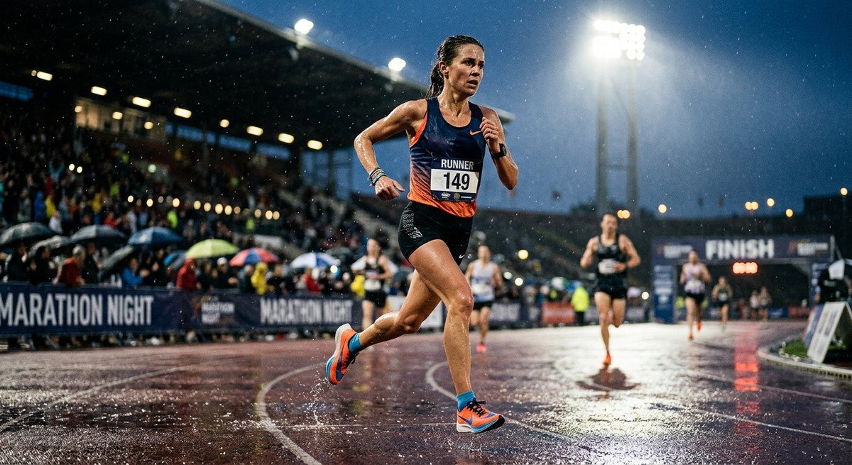 A professional marathon runner in mid-stride, captured with high-speed photography during a rainy evening race, featuring dramatic stadium lighting, motion blur on the legs, and a focused, intense expression.