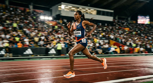 Professional marathon runner sprinting through a stadium with motion blur and dramatic lighting.