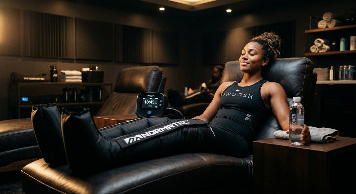 A professional athlete wearing sleek, modern pneumatic compression boots while resting in a dimly lit, cinematic sports recovery lounge.