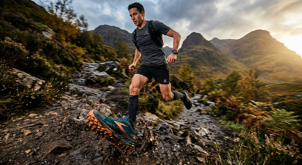 A professional action shot of the Brooks Catamount 5 on a muddy, rugged mountain trail with cinematic lighting and motion blur.