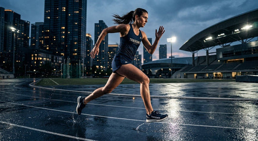 A professional action shot of a runner wearing Tracksmith Eliot Ryder shoes on a sleek, rain-slicked city track during twilight with cinematic lighting.