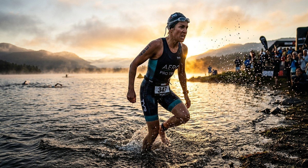 A determined triathlete emerging from a lake at dawn with dramatic backlighting and water droplets in motion