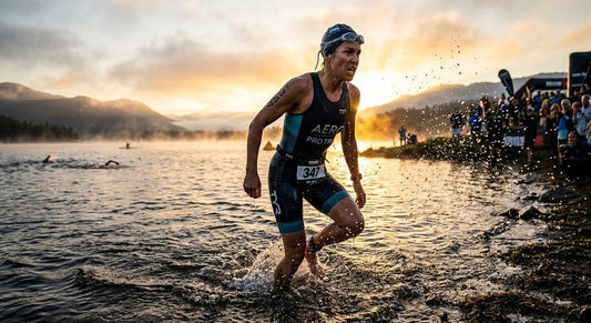 A determined triathlete emerging from a lake at dawn with dramatic backlighting and water droplets in motion