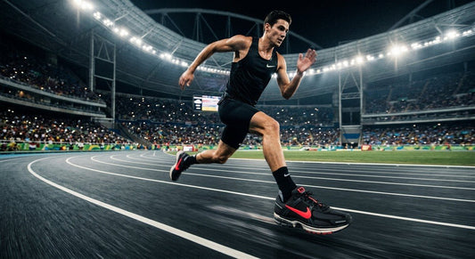 A professional action shot of the Nike Vomero Premium in Black and Bright Crimson, captured with motion blur in a cinematic stadium setting.