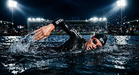 A professional triathlete mid-stroke in open water, wearing a sleek black wetsuit with dramatic stadium lighting and water droplets frozen in motion.
