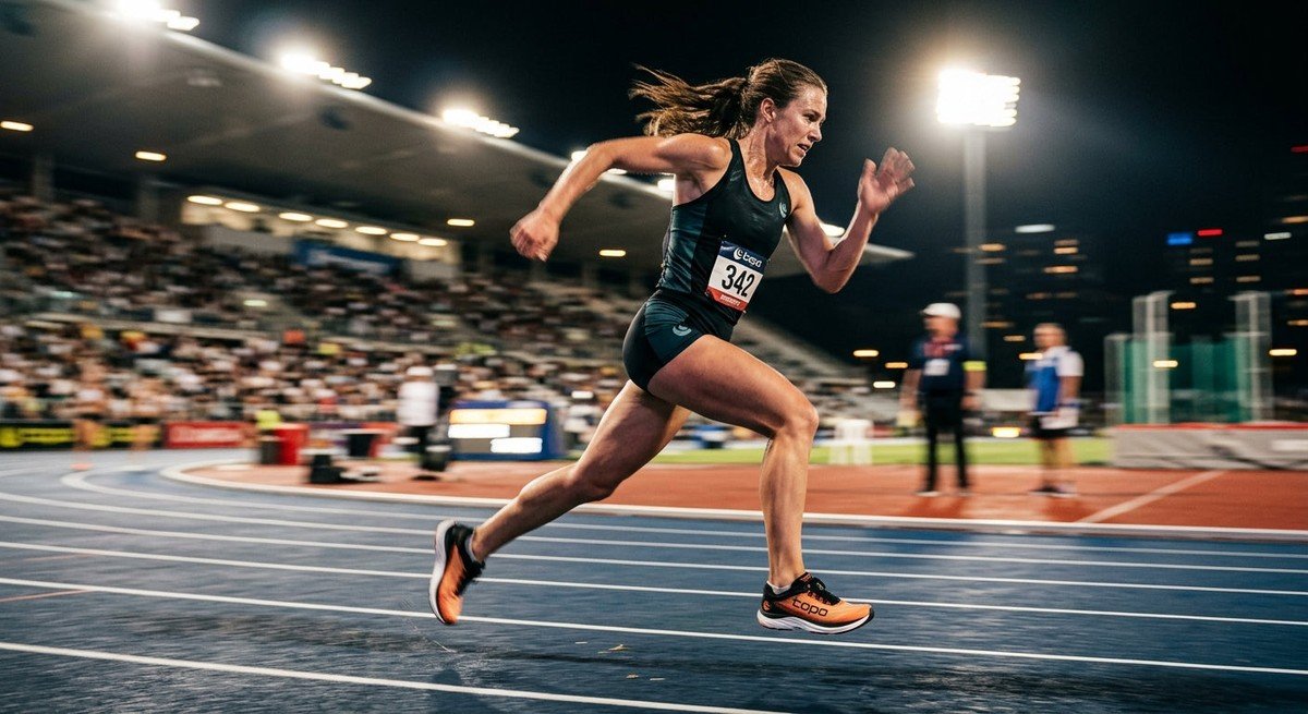 High-speed action shot of a runner wearing the Topo Athletic Specter 3 on a professional athletics track with dramatic stadium lighting and motion blur.