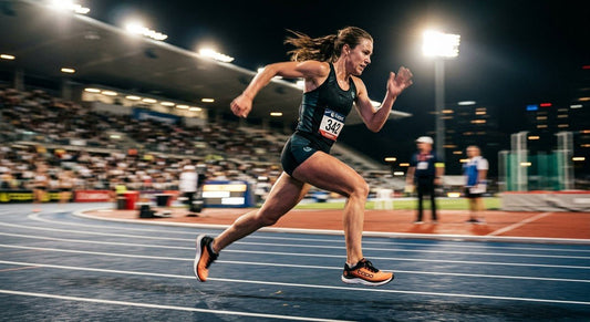 High-speed action shot of a runner wearing the Topo Athletic Specter 3 on a professional athletics track with dramatic stadium lighting and motion blur.
