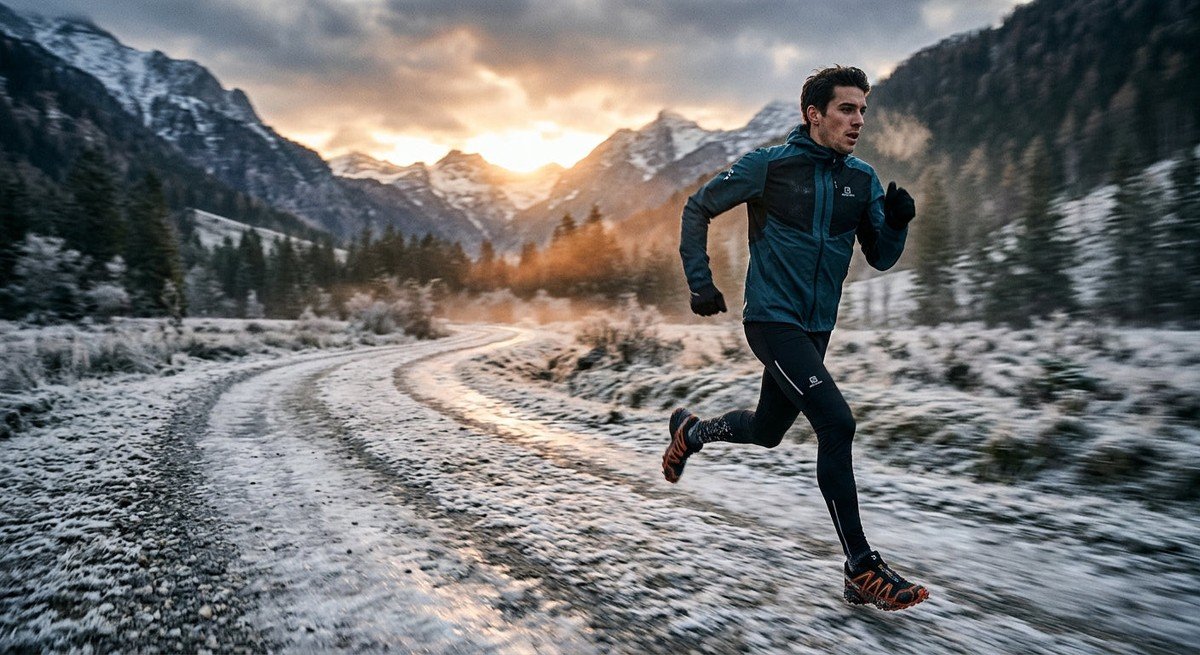 A lone runner sprinting along a frost-covered path at dawn with motion blur and dramatic cinematic lighting.