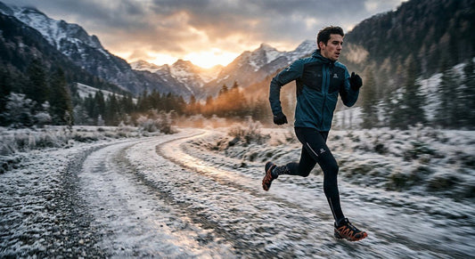 A lone runner sprinting along a frost-covered path at dawn with motion blur and dramatic cinematic lighting.