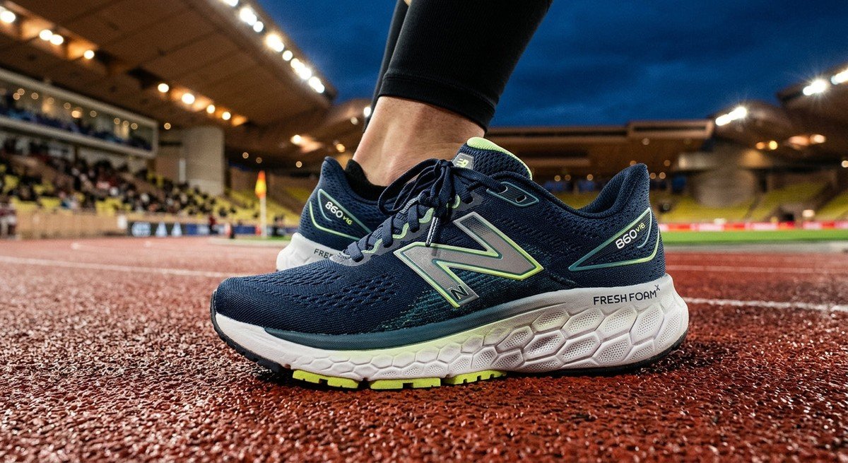 A close-up of the New Balance Fresh Foam X 860 v16 showing the textured midsole and engineered mesh upper in a dramatic stadium setting.