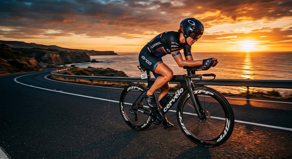 A triathlete in a dynamic, high-speed cycling motion on a flat coastal road under dramatic cinematic sunset lighting.