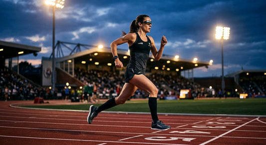 A professional athlete running on a track at dusk wearing high-performance Altra Eyewear sunglasses with dramatic stadium lighting.