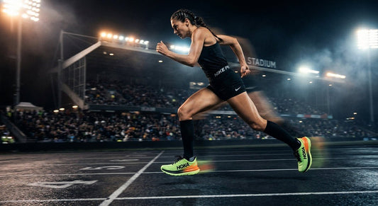 A professional side-profile shot of the Hoka Mach 7 in a high-speed motion blur, set against a dark, cinematic stadium background with dramatic lighting.
