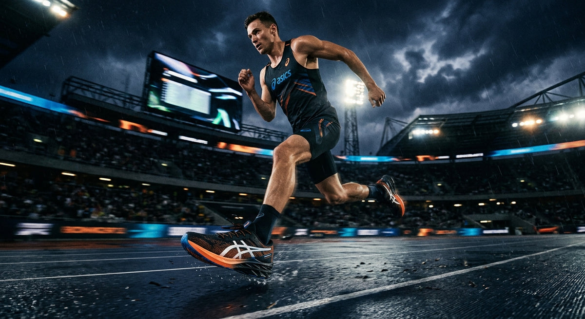 ASICS Sonicblast 2 shoe captured in high-speed motion against a dark, dramatic stadium backdrop with atmospheric lighting.