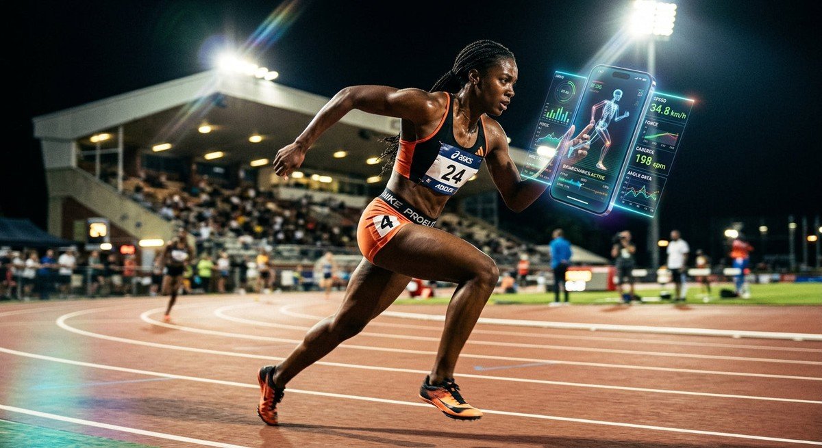 A professional athlete using a futuristic smartphone interface to analyse real-time biomechanical data during a high-intensity sprint session under stadium lights.