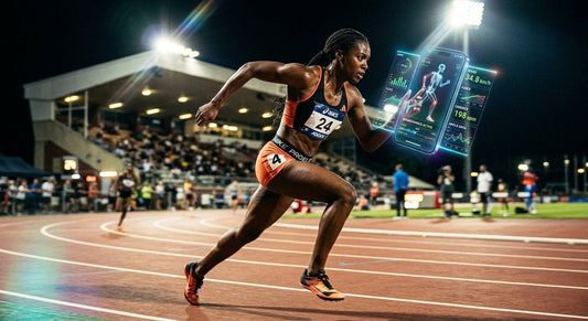 A professional athlete using a futuristic smartphone interface to analyse real-time biomechanical data during a high-intensity sprint session under stadium lights.