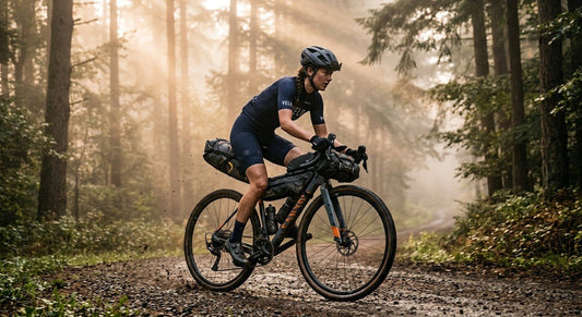 A sleek gravel bike loaded with high-performance bikepacking bags racing through a misty forest trail at sunrise.