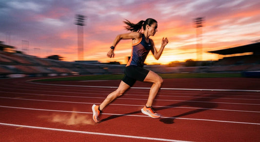 A professional runner captured in a dramatic, high-speed motion blur shot during a sunset training session on a professional athletics track.