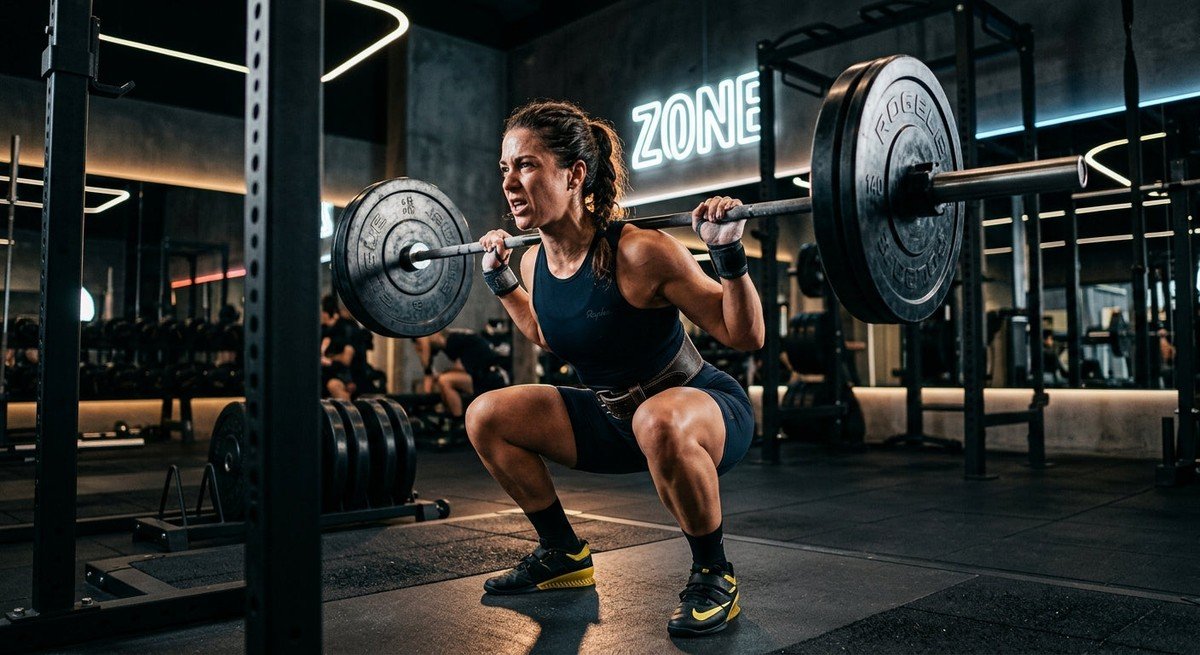 Professional cyclist performing a deep, explosive back squat in a high-tech gym setting with cinematic lighting.