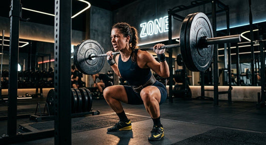 Professional cyclist performing a deep, explosive back squat in a high-tech gym setting with cinematic lighting.