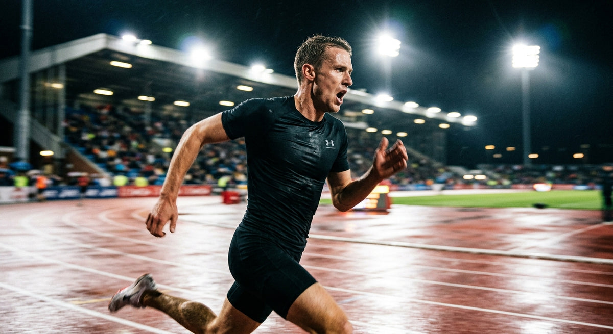 A professional endurance athlete in a high-speed motion blur, gasping for air while wearing a sleek, dark performance base layer under dramatic stadium lighting.