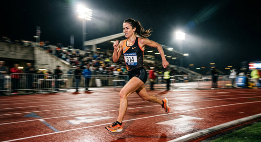 A professional marathon runner sprinting on a track under dramatic stadium floodlights with motion blur.