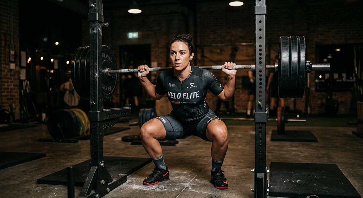 A professional cyclist performing a heavy weighted barbell squat in a modern, dimly lit gym with dramatic cinematic lighting and intense focus.