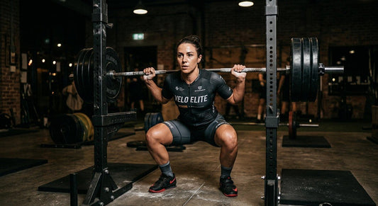 A professional cyclist performing a heavy weighted barbell squat in a modern, dimly lit gym with dramatic cinematic lighting and intense focus.
