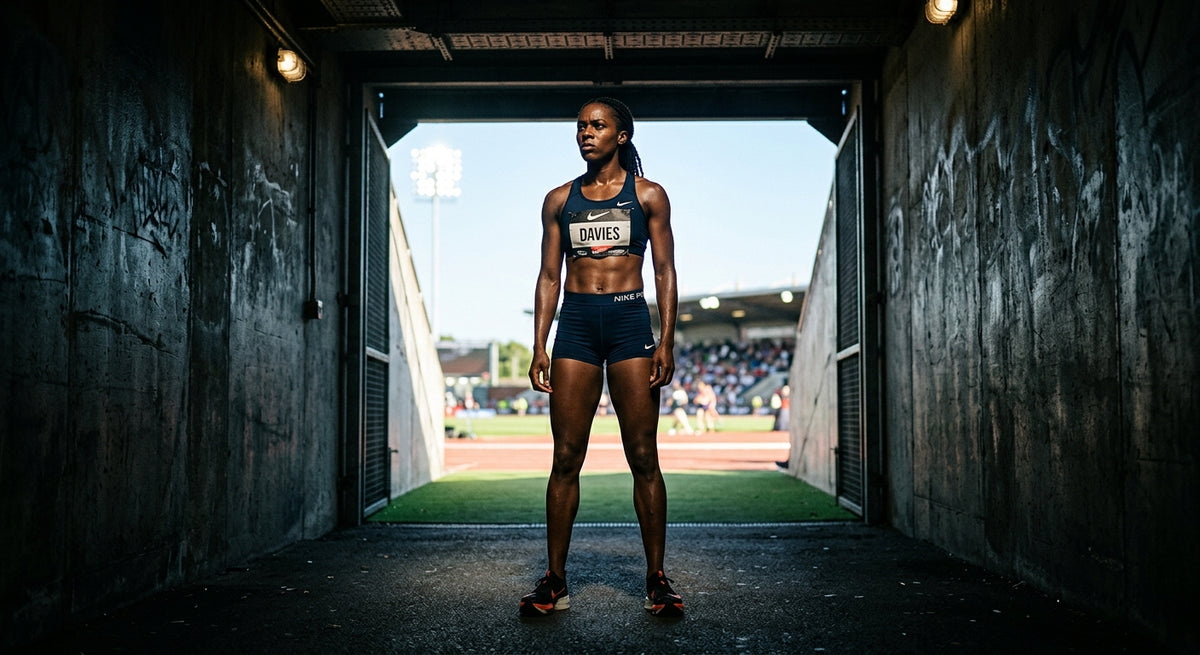 A professional runner standing in a moody, dimly lit stadium tunnel, looking towards the bright light of the track with a focused expression, high-contrast cinematic lighting.