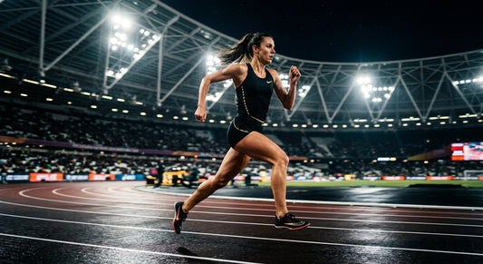 A female endurance runner sprinting on a track under dramatic stadium lights with cinematic motion blur.