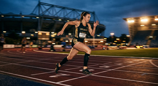 A professional athlete running on a track at dusk with dramatic stadium lighting and motion blur.