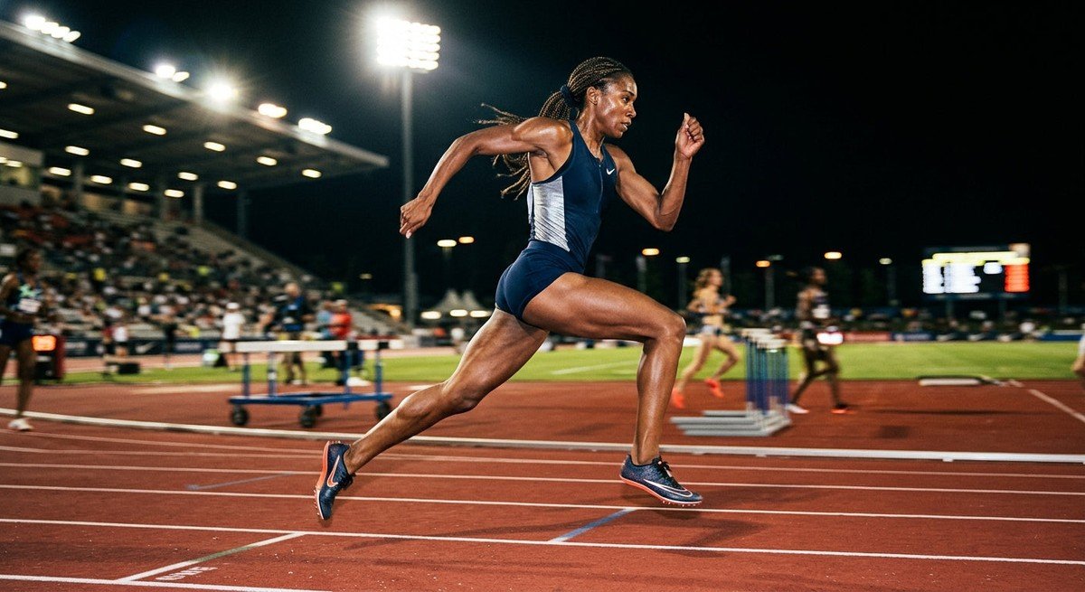 A professional runner captured in a mid-air sprint during a stadium track workout, with dramatic cinematic lighting highlighting muscle definition and motion blur.