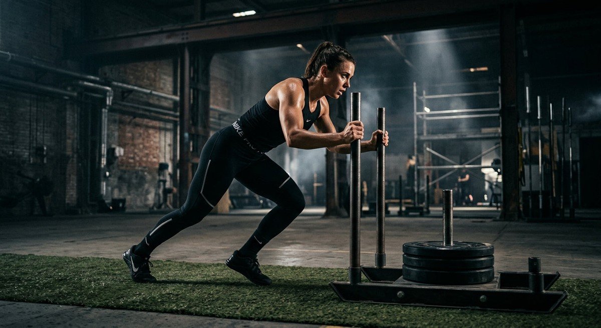 A professional athlete performing a high-intensity sled push in a dimly lit, moody industrial stadium setting with dramatic cinematic lighting.