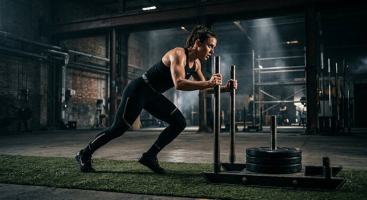 A professional athlete performing a high-intensity sled push in a dimly lit, moody industrial stadium setting with dramatic cinematic lighting.