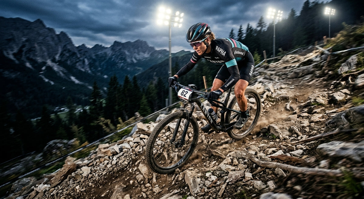 A professional cyclist navigating a steep, rocky mountain trail with high-speed motion blur and cinematic stadium lighting.