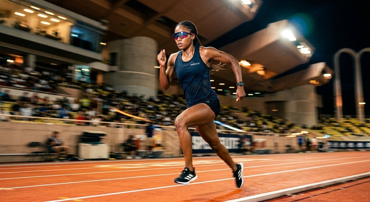 A professional athlete wearing high-performance sunglasses in a dramatic stadium setting with motion blur.