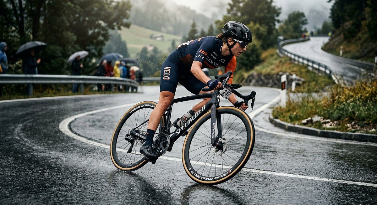 A professional cyclist performing a high-speed corner on a damp road, highlighting the contrast of modern road tyres against the tarmac.