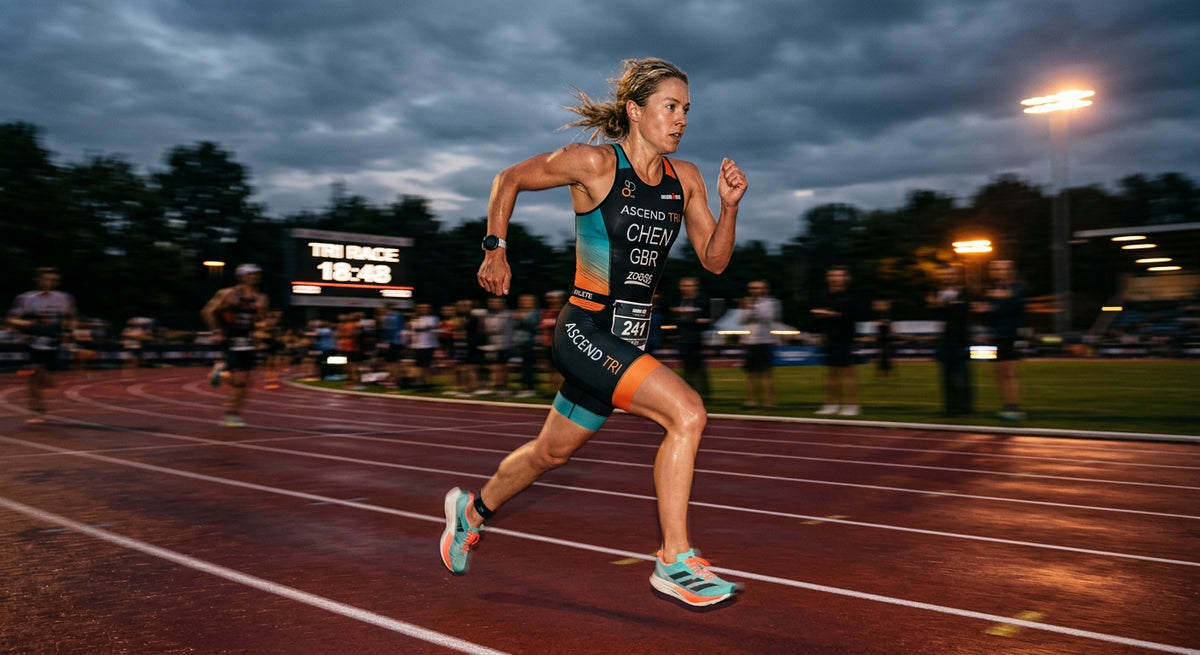High-speed action shot of a professional triathlete running on a track at dusk with motion blur and sharp focus.
