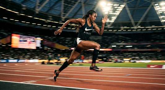 A professional sprinter performing high-intensity bounding drills on a track with dramatic stadium lighting and motion blur