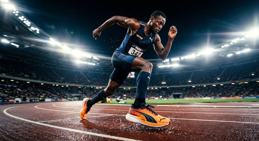 A professional action shot of the Puma MagMax Nitro 2 sprinting across a track with dramatic stadium lighting.