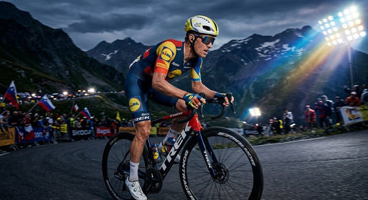 A professional cyclist wearing the Oakley Velo Kato TdF Edition during a high-speed mountain climb with dramatic stadium-style lighting reflecting off the lens.