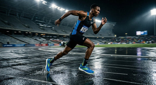 A professional action shot of a runner wearing Brooks Ghost 17 trainers, sprinting on a wet asphalt track with cinematic stadium lighting and motion blur.