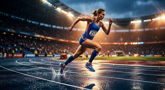 High-speed action shot of a professional runner wearing Brooks Ghost Amp trainers on a wet track with cinematic stadium lighting.