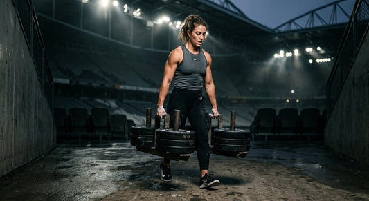 A professional athlete performing a heavy Farmer's Carry in a moody, cinematic stadium setting with dramatic lighting.